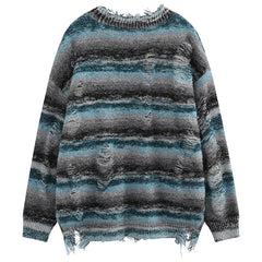 Threebooy Autumn Clothing Men's Casual Hip Pop Knitted Printed Ripped Pullover Light Luxury Vintage Loose O Neck Long Sleeve Sweater