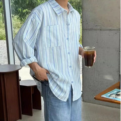 Threebooy New Japanese Vintage Men Striped Shirts Luxury Casual Trendy Long Sleeve Cardigan Tops Fashion Leisure Macaron Sunscreen Blouse