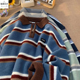 Korean hip-hop autumn and winter half zip polo collar striped sweater for men and women loose and trendy retro Harajuku casual