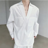 Threebooy Korean Stylish V-neck Chic Button Blouses Front Pocket Harajuku Men's Solid Long Sleeve Turn-down Collar Shirt White/Black