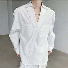 Threebooy Korean Stylish V-neck Chic Button Blouses Front Pocket Harajuku Men's Solid Long Sleeve Turn-down Collar Shirt White/Black