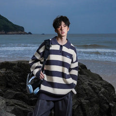 Threebooy American autumn and winter high street men and women trendy personalized striped lapel shirts for couples loose retro casual top