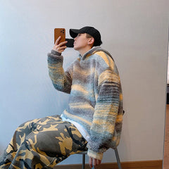 Threebooy Autumn Clothing Men's Light Luxury Striped Knitted Hooded Pullovers Sweater Casual Streetwear Long Sleeve Retro Popular Hoodie