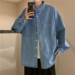 Threebooy Denim Long-sleeved Shirt Men's Solid Color Autumn Korean Style Trendy Simple Shirt Hong Kong Style Loose and Handsome Ins Jacket