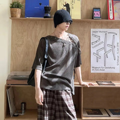 Threebooy Street Punk Shirt Off-shoulder Hollow T-shirt American 2025 New High-end Style Fashionable Casual Loose Short Sleeves