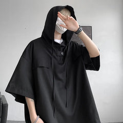 Threebooy Summer Hooded T shirt Men Korean Half Sleeve Pullover Streetwear Loose T-shirt Tops Drawstring Men Clothing 5XL-M