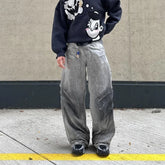 Threebooy American High Street Hip Hop Scratched Tie Dye Wide Leg Pants Mens Distressed Heavy Industry Streetwear Jeans Versatile Pants