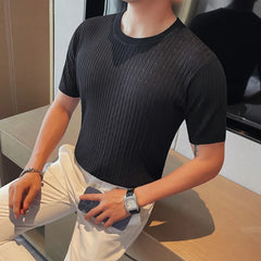 Threebooy High End Luxury Jacquard Knitted Short Sleeve Men's Summer Trend Thin Round Neck T-shirt Men's Slim Short Sleeve Tees 4XL