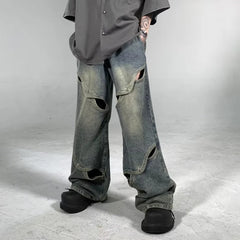 Threebooy Y2K Fashion Hollow Out Baggy Jeans Pants For Men Clothing Straight Wide Leg Old Denim Trousers Pantalon Homme