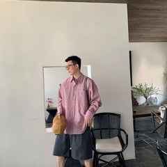 Threebooy Pink Plaid Shirts Men American High Street Vintage All-match Teens Streetwear Teens Couples Baggy Summer Autumn Y2k Tops Chic