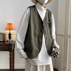 Threebooy Japanese Trendy Couple Loose Jacket Retro Interface Bag Work Vest Sleeveless V-neck Vest Handsome Cardigan Aesthetic Urban Chic