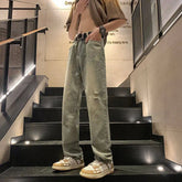 Threebooy Straight Leg Plus Size Jeans men Vintage Wash Distressed Ripped Star Print Fashion Casual High Quality Trousers Men Retro Style