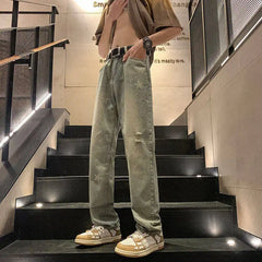 Threebooy Straight Leg Plus Size Jeans men Vintage Wash Distressed Ripped Star Print Fashion Casual High Quality Trousers Men Retro Style