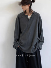 Threebooy Spring Autumn New Japanese Retro POLO Collar Pullover Sweatshirt Men Women Couple Casual Loose Long-sleeved Base Shirt T-shirt