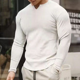 Threebooy Threaded Bottoming Shirt Sports Long-Sleeved Fitness Solid Color T-Shirt Training Striped Top Mens V-Neck Elastic Gym Clothing