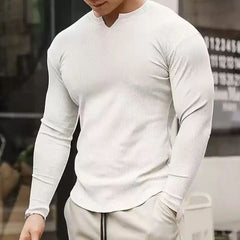 Threebooy Threaded Bottoming Shirt Sports Long-Sleeved Fitness Solid Color T-Shirt Training Striped Top Mens V-Neck Elastic Gym Clothing