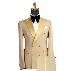 Threebooy Gold Men Suits 2 Pieces Blazer Pure Pants Double Breasted Tuxedo Modern SatinWide Lapel Wedding Formal Work Prom Causal Tailored