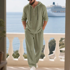 Threebooy Men's Linen Hooded Sets 2 Piece Outfit Summer Casual Long Sleeve Hoodie and Wide Leg Pants Set for Men