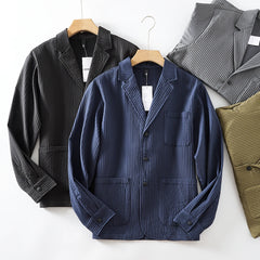 Threebooy Striped Pleated Shirt Jacket Advanced Lightweight Elastic Breathable Casual Suit Men Korean Elegant Thin Suit Three-button Coat