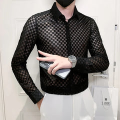 Threebooy Men's Summer Hollow Out Lace Long Sleeve Shirts/Male Slim Fit High Quality Lapel Fashion Shirt Sexy Nightclub Shirt 4XL