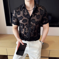 Threebooy Summer New Lace Hollow Short Sleeve Shirt Ice Silk Fashion Leisure Nightclub Shirt High Quality Sunscreen Shirt Size 4XL-M