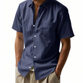 Threebooy Summer Solid Cotton Linen Lapel Short Sleeved Shirt For Men Casual Pocket American Style Shirts And Blouses