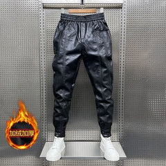 Threebooy Winter Velvet Leather Pants Unisex Thick Casual Pants Trendy PU Leather Tying Pants Streetwear New Motorcycle Trousers