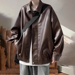 Threebooy American Retro Leather Jacket Men'S Autumn And Winter Plus Velvet High Quality Handsome Casual Loose Pu Leather Lapel Jacket Men