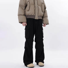Threebooy Retro pleated work pants for men in spring and autumn, new loose multi pocket design, straight leg casual long pants