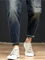 Threebooy Tapered Work Pants Men Fashion Hip Hop Patchwork Streetwear Casual Pants Male Vintage Hole Little Feet Denim Pants