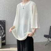 Threebooy Base shirt Men Summer Oversized Half Sleeve T-Shirt Semi Transparent Perforated Breathable Streetwear Casual Comfort Tee