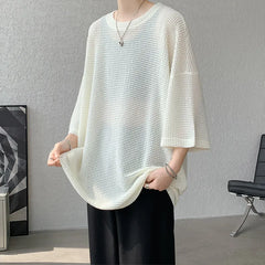 Threebooy Base shirt Men Summer Oversized Half Sleeve T-Shirt Semi Transparent Perforated Breathable Streetwear Casual Comfort Tee