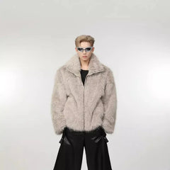 Threebooy 90s Fashion Faux Fur Jacket Men Winter Thickened Cotton Clothing Senior Sense Streetwear Faux Fur Coat