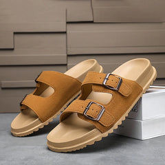 Mens Soft Slippers Slides with Adjustable Double Buckle Slide Sandals Lightweight Summer Comfortable Casual