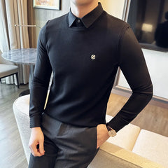 Threebooy Fake 2 Pieces Shirt Neck Knit Sweaters/Male Slim Fit Fashion Long-sleeved Pullover/Male High Quality Stripe Casual Sweater 4XL