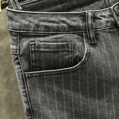 Threebooy Spring and Autumn New Classic Fashion Retro Striped Small Foot Pants Men's Casual Slim Comfortable High-Quality Jeans 28-36