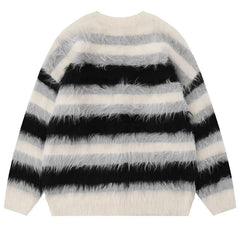 Striped Plush V-neck Sweater Men's Loose Casual Brushed Knit Trendy Couple Versatile Comfortable Harajuku High Street Cardigan