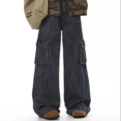 Threebooy Korean Retro Men'S Loose Wide Leg Jeans High Street Straight Leg Pants Casual Jeans Multi Pocket Work Pants