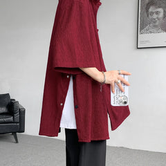 Threebooy Wine Red Side Buttons Pleated Shirt Black Apricot Harajuku Button Up Korean Short Sleeve Aesthetic Male Shirts Men Blouse