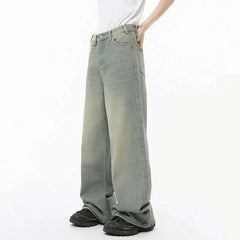 Threebooy Autumn Men Denim Pants Straight Droop Vintage Loose Bottom Straight Wide Leg Casual Male Trousers Korean Style