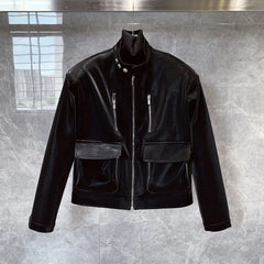 Threebooy Y2K Mens Leather Jacket Pocket Button Zipper Motorcycle Leather Jacket Autumn Casual Youth Trend Top Men's Korean Clothing