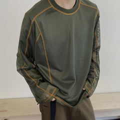Threebooy Y2K Mens T-shirt Splicing Mesh Perspective Long Sleeve T-shirt Autumn Casual Versatile Vintage Top Men's clothing Unisex