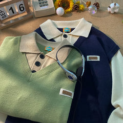 Threebooy fake two piece sweater design sense, small number, autumn and winter new loose polo collar knitted coat, large