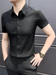 Threebooy Summer Hollow Mesh Short Sleeved Shirts Men Ice Silk Breathable Casual Business Dress Shirt Handsome Versatile Streetwear Shirt