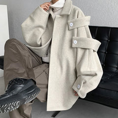 Threebooy Streetwear Woolen Coat Men's Autumn Winter Minority Lapel Jacket American Retro Loose Casual Asymmetrical Jacket