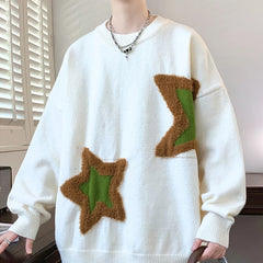 Threebooy Autumn Men's Star Pattern Jacquard Knitted Jumpers Casual Retro Elegant Crewneck Knitwear Y2K Streetwear Pullovers Sweater