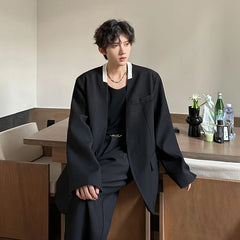 Threebooy Black/White Men Blazer Collarless Contrast Color Streetwear One Button Long Sleeve Fashion Men Casual Suit Jacket 3XL-M