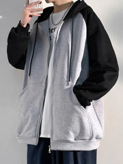 Threebooy Splicing Young Students Male Hoodie Baggy Full Zip Up Harajuku Fashion Aesthetic Luxury Cheap Streetwear Men's Hooded Sweatshirt