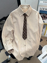 Threebooy Retro Striped Men's Shirt Jacket Loose Fit Long Sleeve with Tie Spring Autumn Design Polyester Fiber Versatile All Seasons