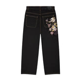 Threebooy Trendy colored floral jeans Y2K vintage embroidered pattern straight leg pants Black jeans Gothic hip hop men women Street wear